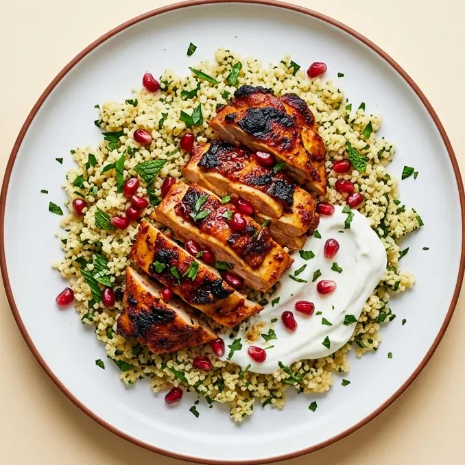 Sliced harissa chicken on herby couscous with yoghurt and pomegranate, seen from above