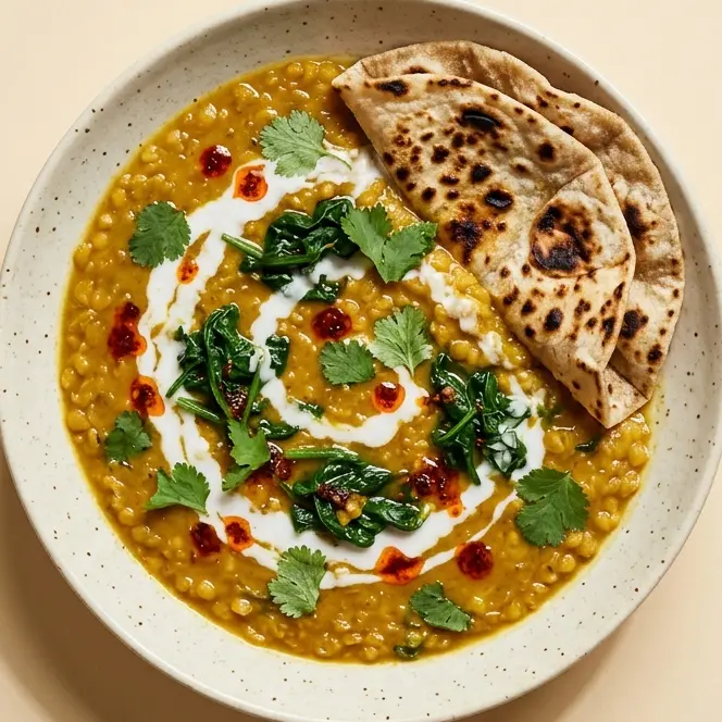 Turmeric lentil dal with spinach, coconut cream and flatbread, seen from above