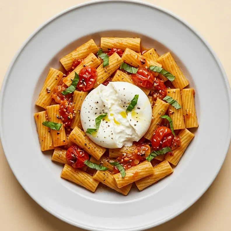 Rigatoni in tomato sauce with burrata and basil, seen from above