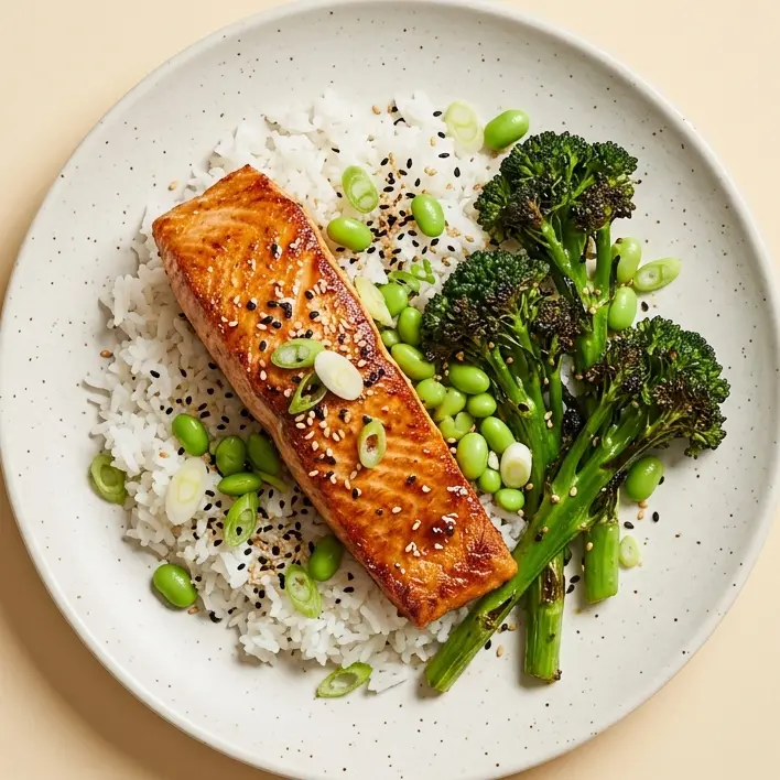 Seared salmon on rice with charred broccoli and edamame, seen from above