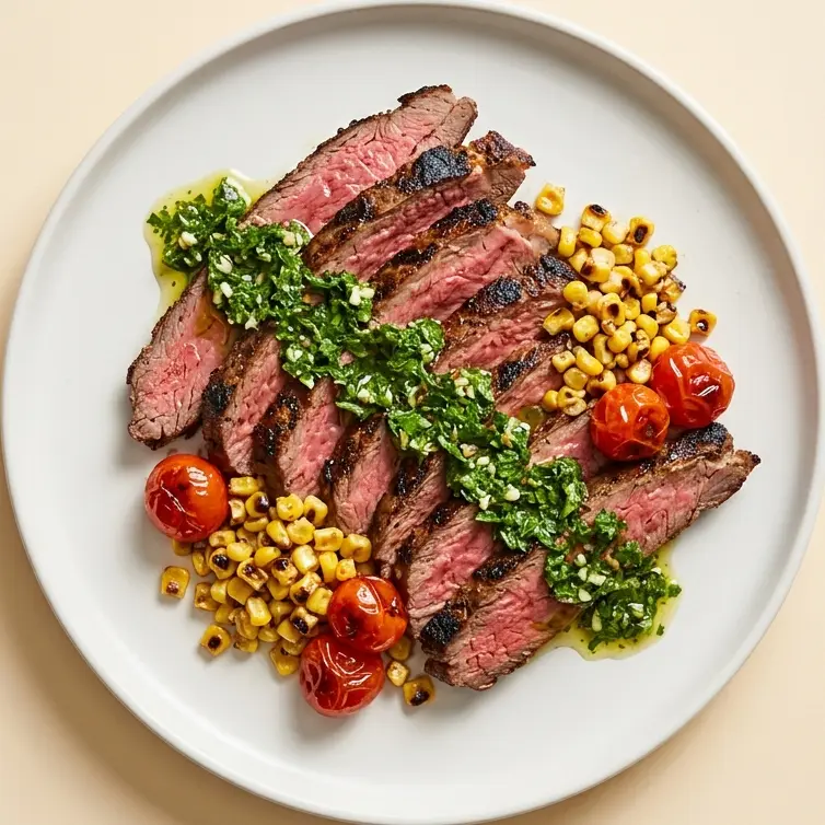 Sliced steak with chimichurri, charred corn and tomatoes, seen from above