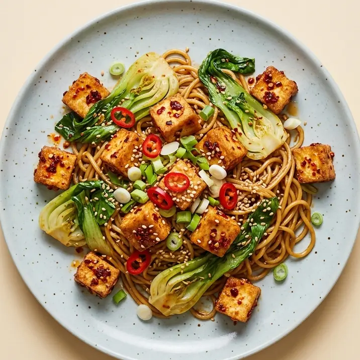 Crispy tofu on sesame noodles with pak choi and chilli, seen from above
