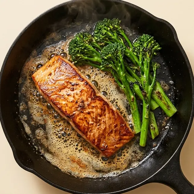 Salmon and broccoli searing in a cast-iron pan