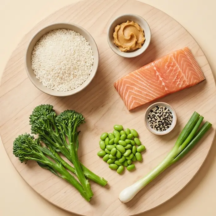 Raw salmon, rice, miso butter, broccoli and edamame laid out on a round board